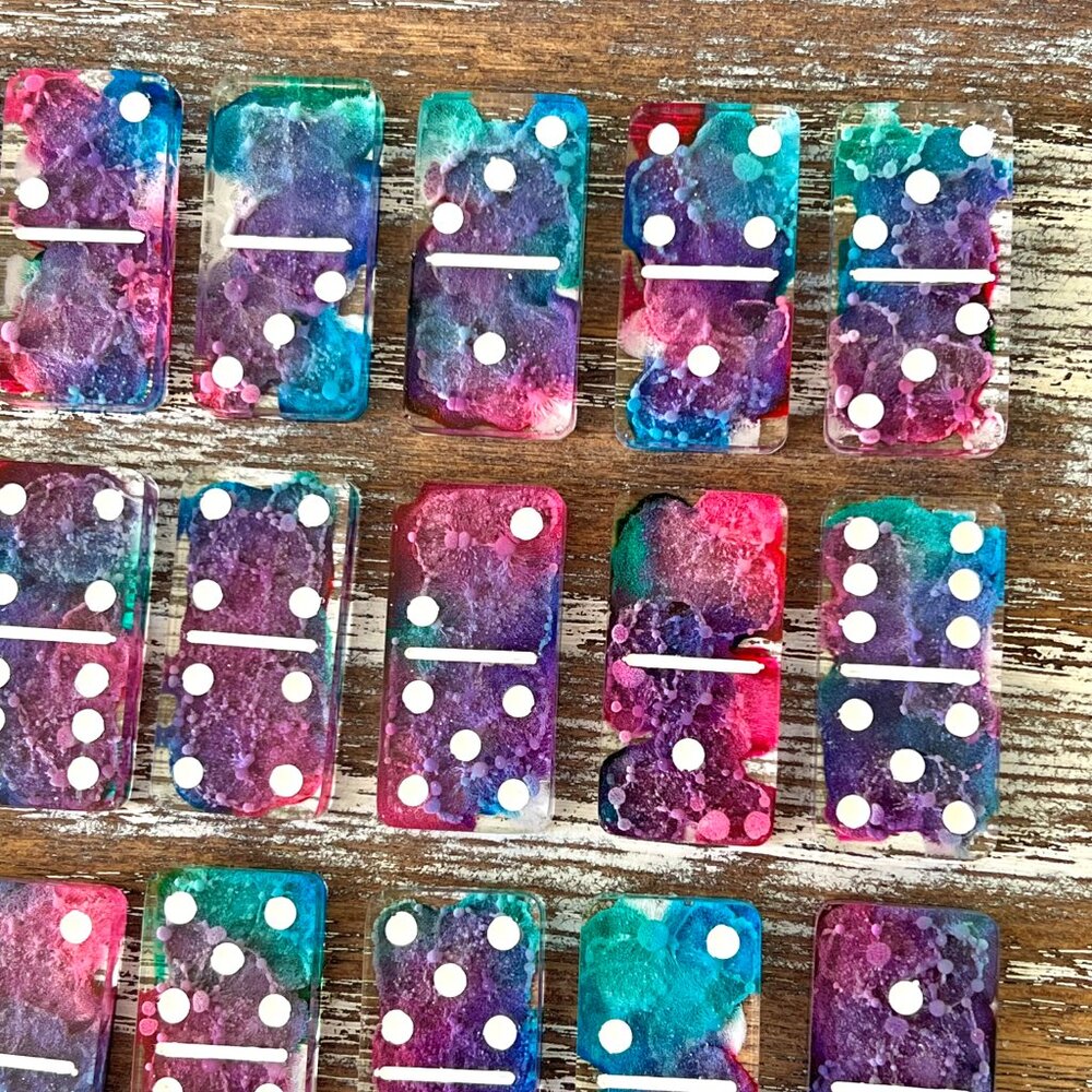 Tie-Dye Alcohol Ink Resin Dominoes Game with Velvet Bag 28 pieces Handmade Gift - Picture 4 of 9